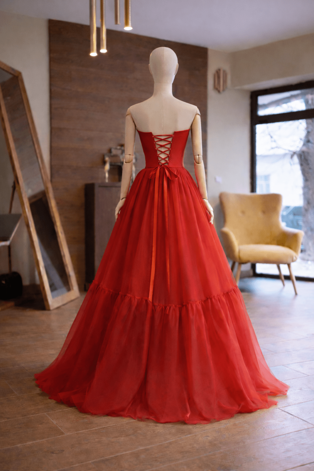 Red Ball Gown with Hourglass Corset & Gold Lace – Matte Satin & Organza, Custom Made Prom Dress - Made To Measure By Asya Kolarova
