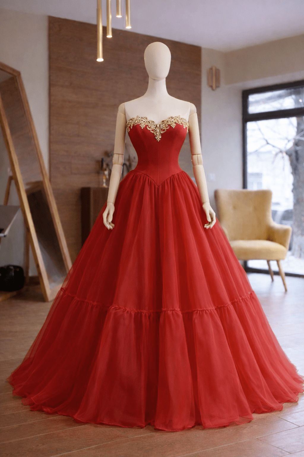 Red Ball Gown with Hourglass Corset & Gold Lace – Matte Satin & Organza, Custom Made Prom Dress - Made To Measure By Asya Kolarova