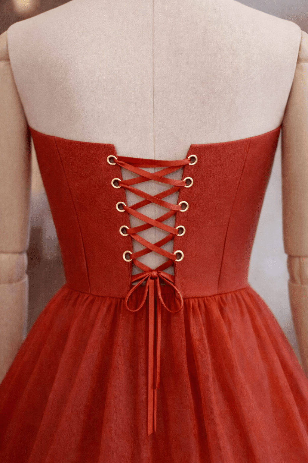 Red Ball Gown with Hourglass Corset & Gold Lace – Matte Satin & Organza, Custom Made Prom Dress - Made To Measure By Asya Kolarova