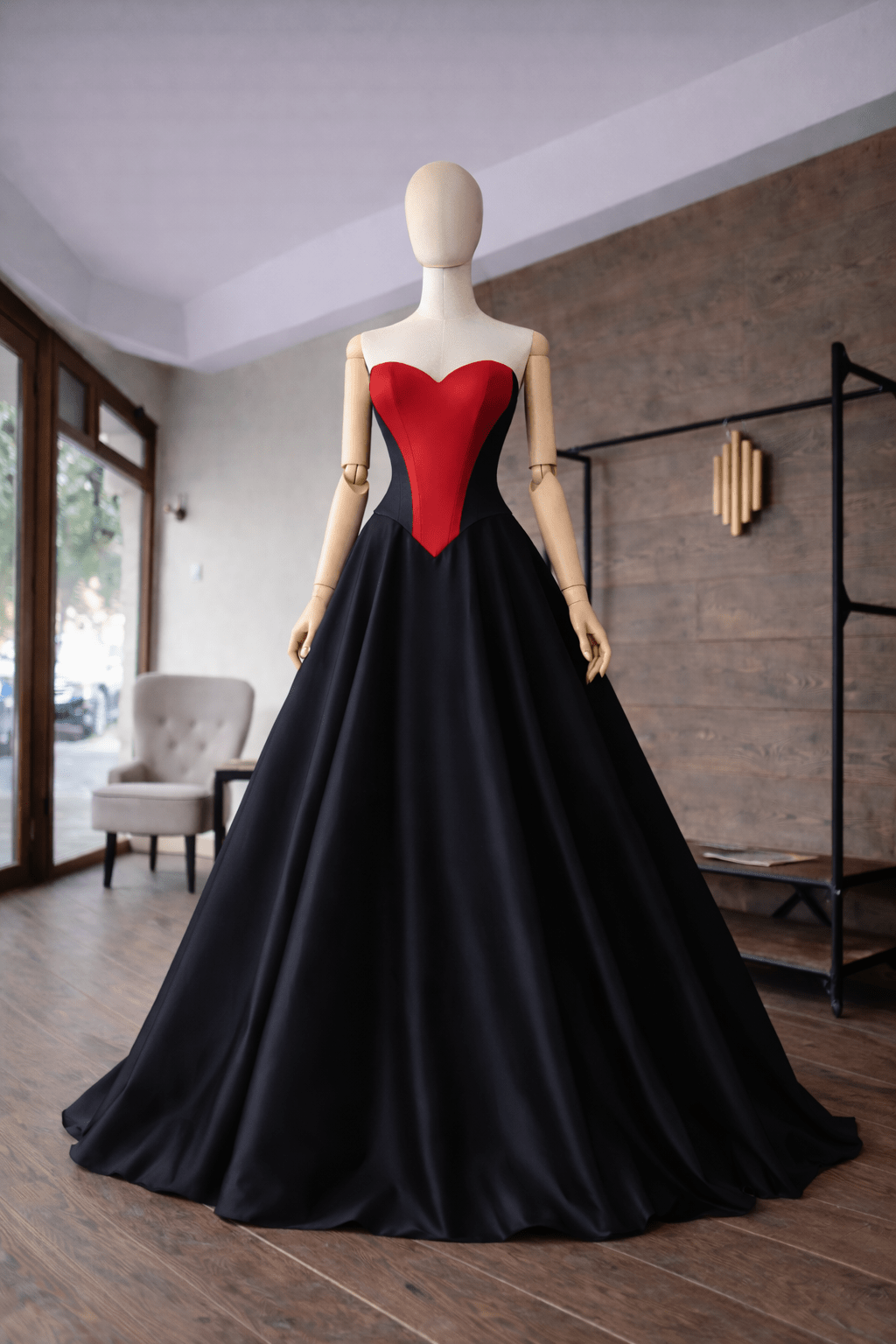 Red & Black Couture Strapless Evening Gown – Handmade Corset Dress with Lace - Up Back, Luxury Taffeta Skirt - Made To Measure By Asya Kolarova