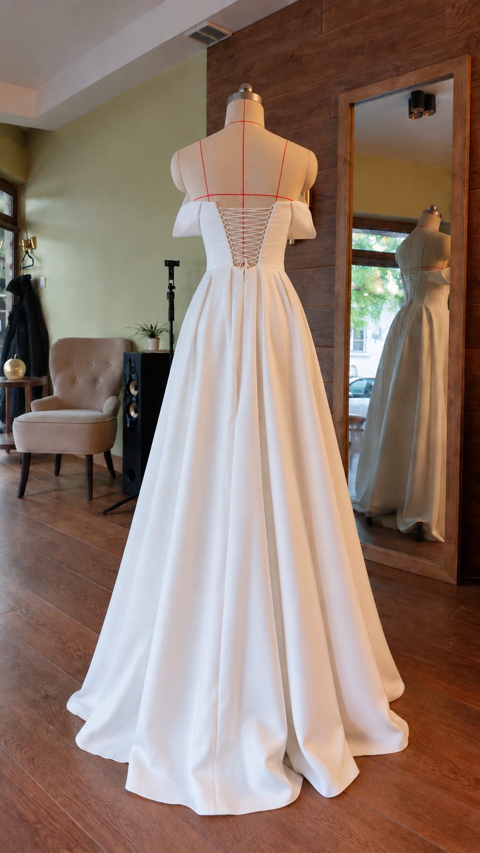 Back view of milk-white wedding gown with lace-up corset