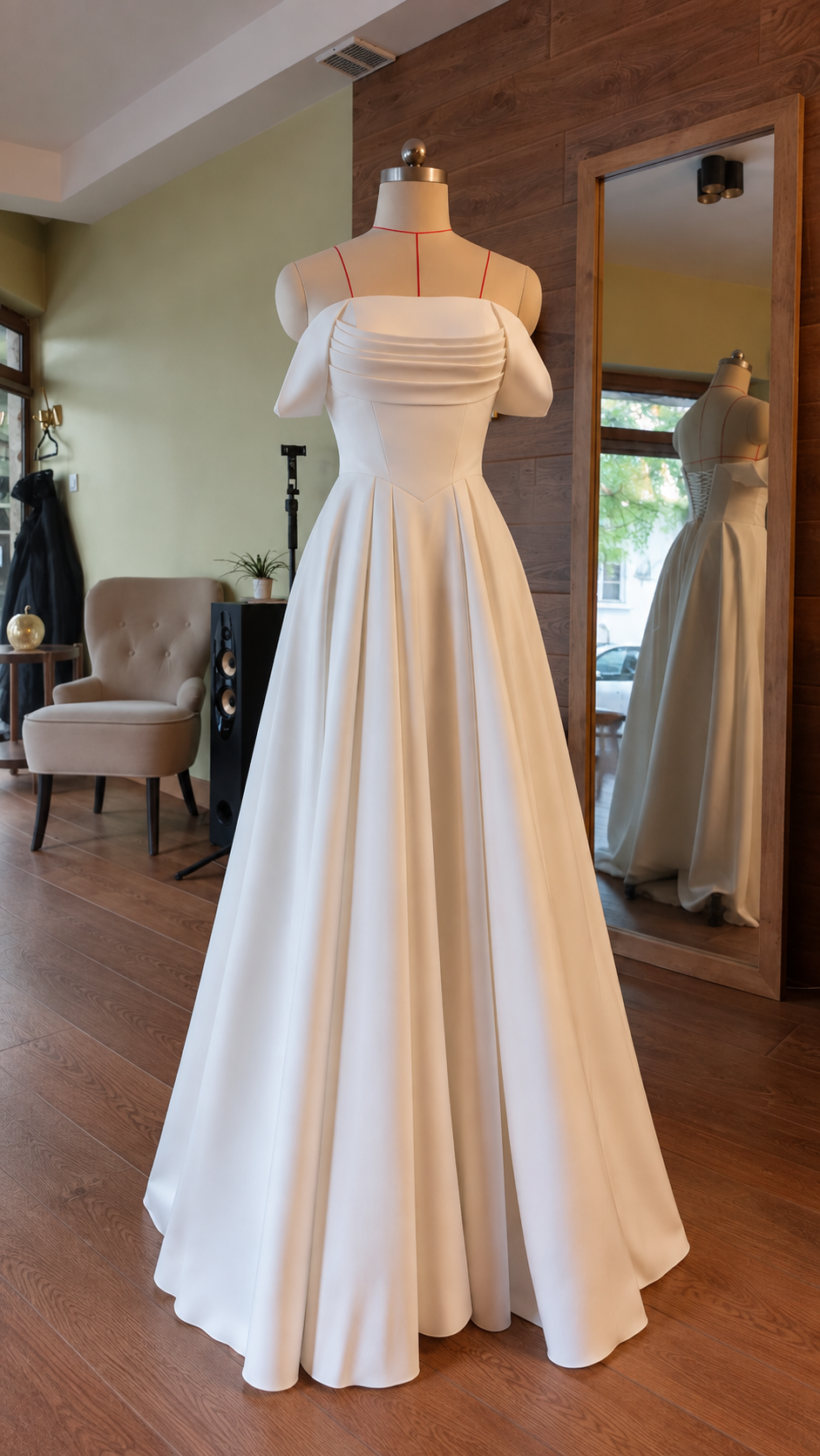 Front view of milk-white Barbie georgette bridal gown with full skirt