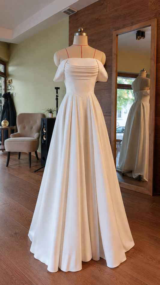 Front view of milk-white Barbie georgette bridal gown with full skirt