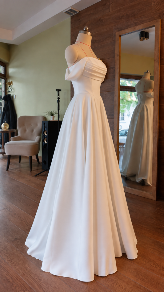 Side view of off-shoulder milk-white wedding dress