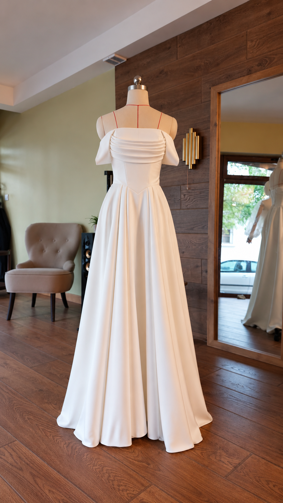 Angled view of milk-white wedding dress and flowing skirt