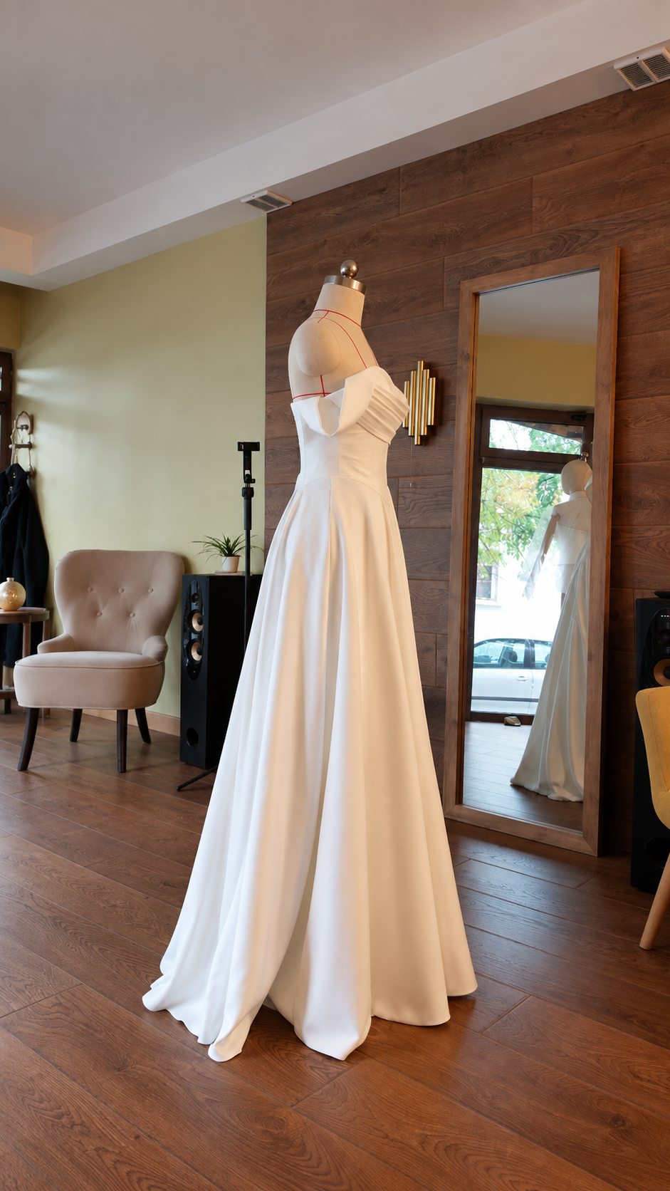 Close-up of draped neckline and fitted bodice of bridal gown