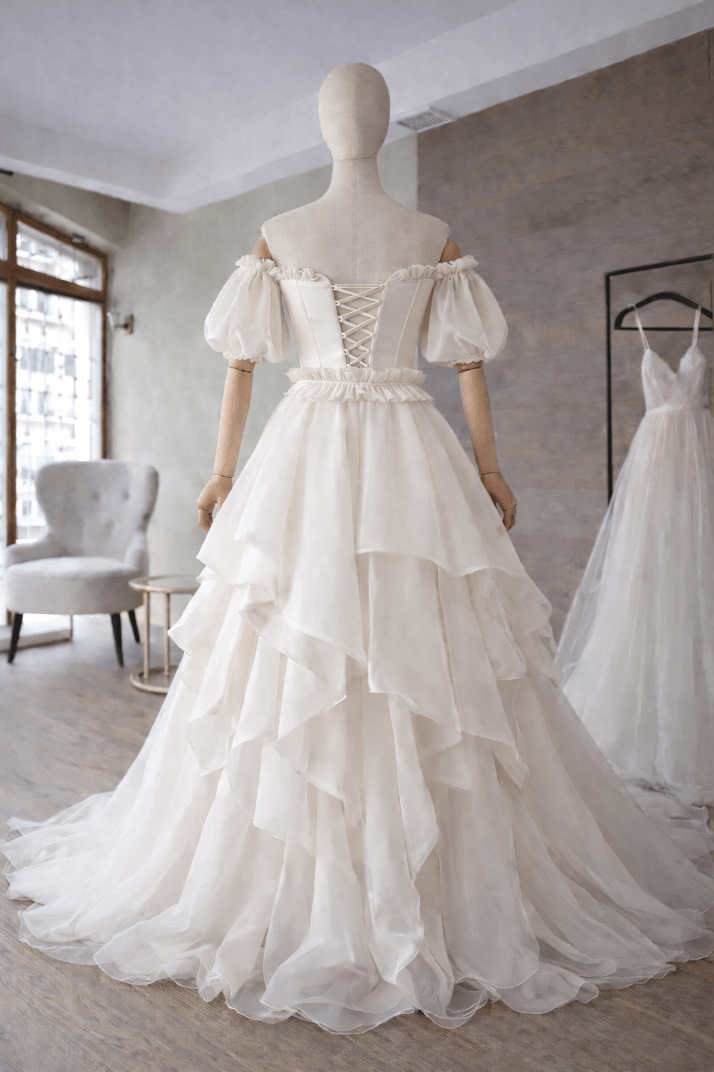 Romantic Off - Shoulder Wedding Dress with Layered Organza Skirt and Ruffled Waistband – Corset Lace Up Back Bridal Gown, Puffy Sleeves, Fairytale Princess Dress - By Asya Kolarova