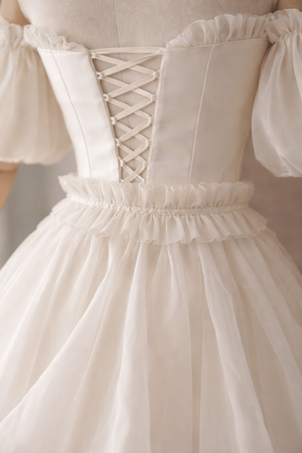 Romantic Off - Shoulder Wedding Dress with Layered Organza Skirt and Ruffled Waistband – Corset Lace Up Back Bridal Gown, Puffy Sleeves, Fairytale Princess Dress - By Asya Kolarova