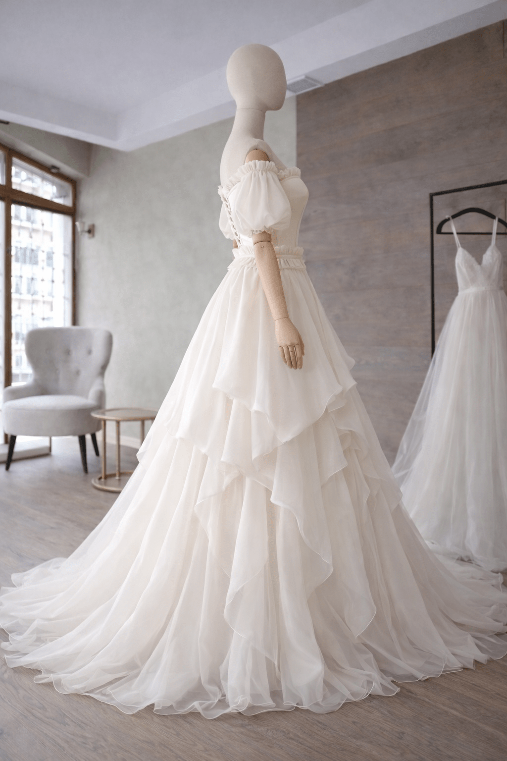 Romantic Off - Shoulder Wedding Dress with Layered Organza Skirt and Ruffled Waistband – Corset Lace Up Back Bridal Gown, Puffy Sleeves, Fairytale Princess Dress - By Asya Kolarova