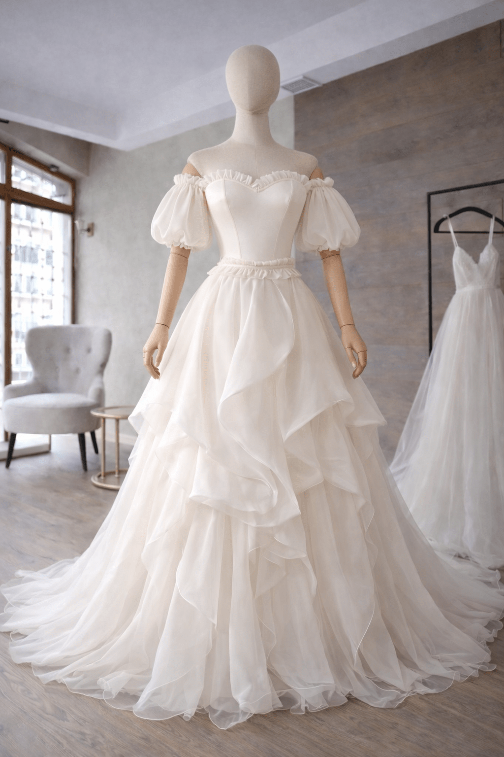 Romantic Off - Shoulder Wedding Dress with Layered Organza Skirt and Ruffled Waistband – Corset Lace Up Back Bridal Gown, Puffy Sleeves, Fairytale Princess Dress - By Asya Kolarova