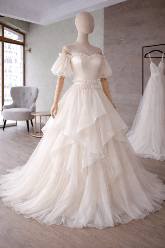 Romantic Off - Shoulder Wedding Dress with Layered Organza Skirt and Ruffled Waistband – Corset Lace Up Back Bridal Gown, Puffy Sleeves, Fairytale Princess Dress - By Asya Kolarova