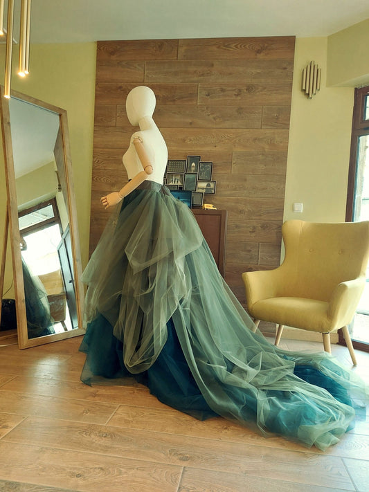 Sculptural High - Low Bridal Tulle Skirt with Train – Ombre Green Wedding Skirt – Custom Made by Asya Kolarova - Asya Kolarova