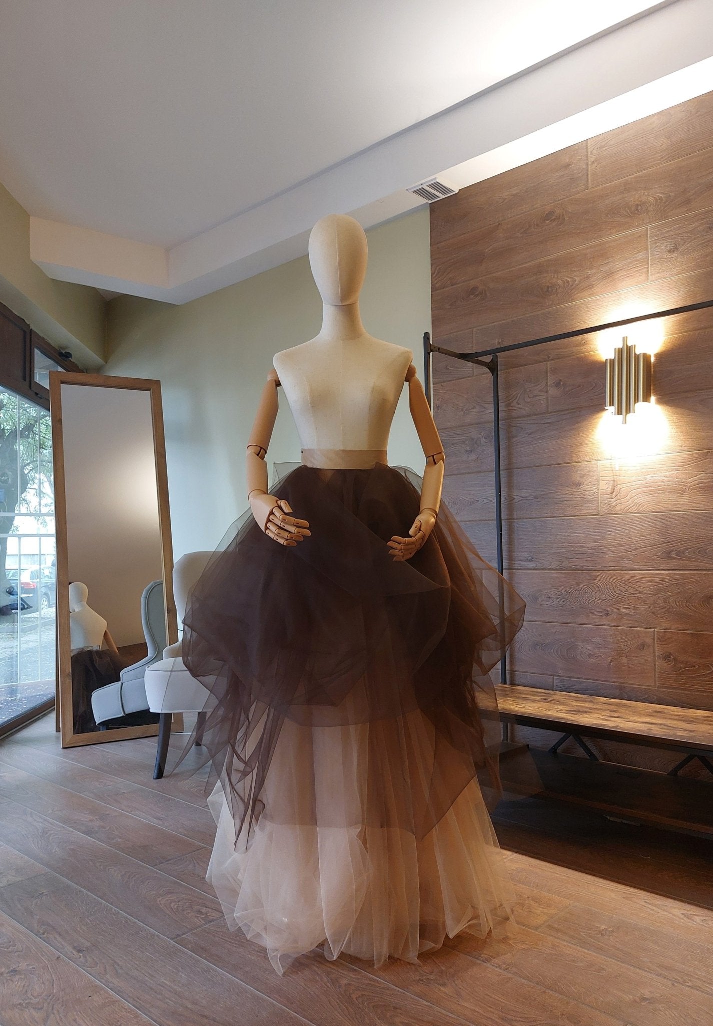 Two color Voluminous Tulle Skirt: Dark Brown and Cream Ombre