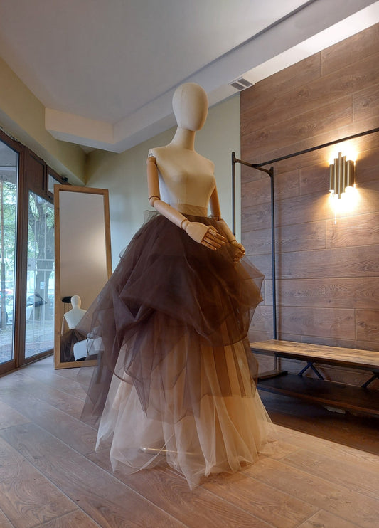 Two color Voluminous Tulle Skirt: Dark Brown and Cream Ombre Draped Bridal Skirt Floor length Wedding Gown Separate by Asya Kolarova - Made To Measure Skirts By Asya Kolarova