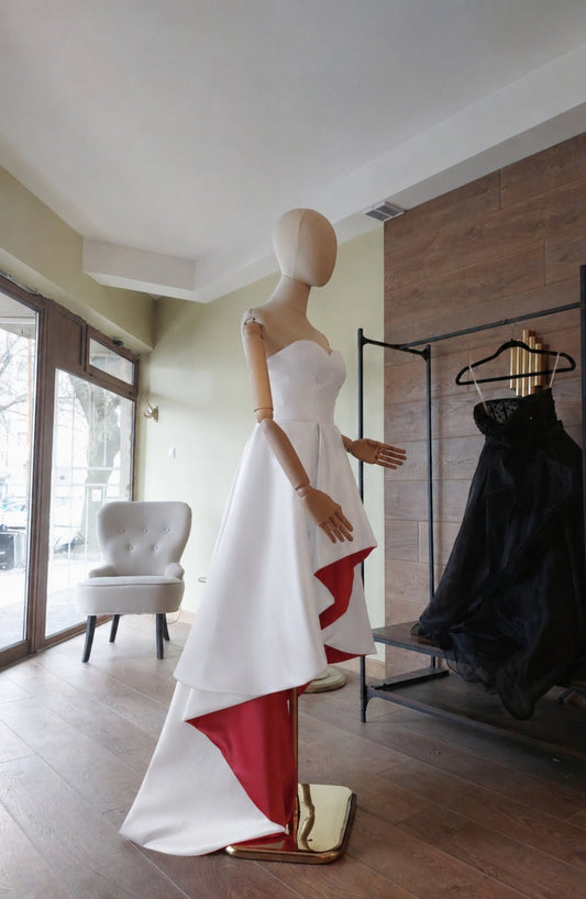 White and Red Matte Satin Wedding Dress – Strapless Corset High-Low Train Gown - Asya Kolarova