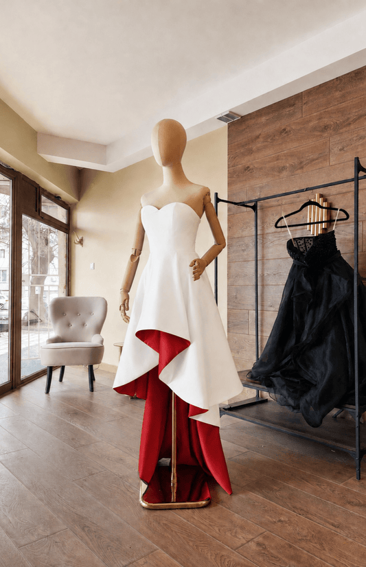 White and Red Matte Satin Wedding Dress – Strapless Corset High-Low Train Gown - Asya Kolarova