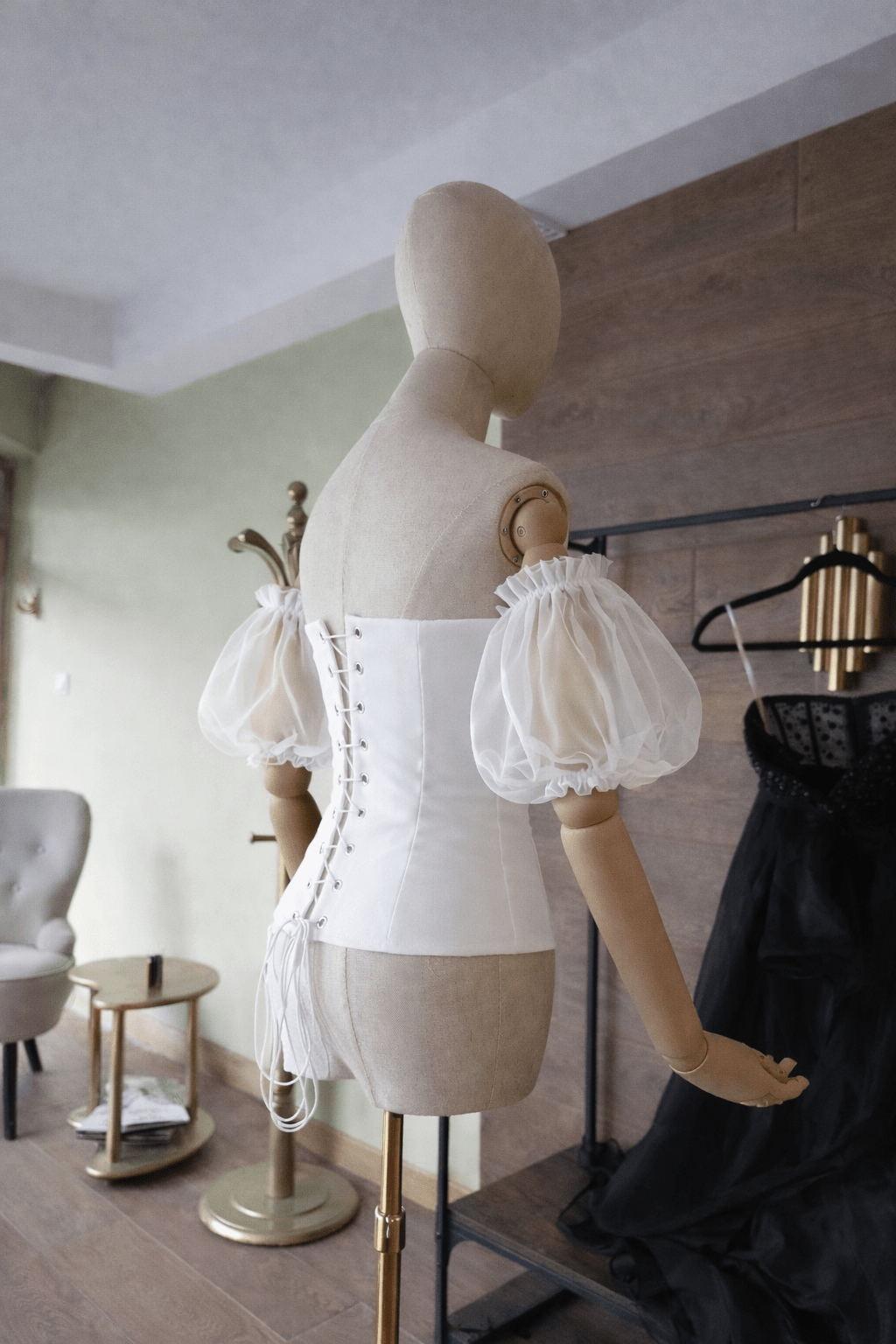 White Hourglass Corset Satin Top – Quilted Cups, Lace - Up Back Bustier, Organza Puffy Sleeves - By Asya Kolarova