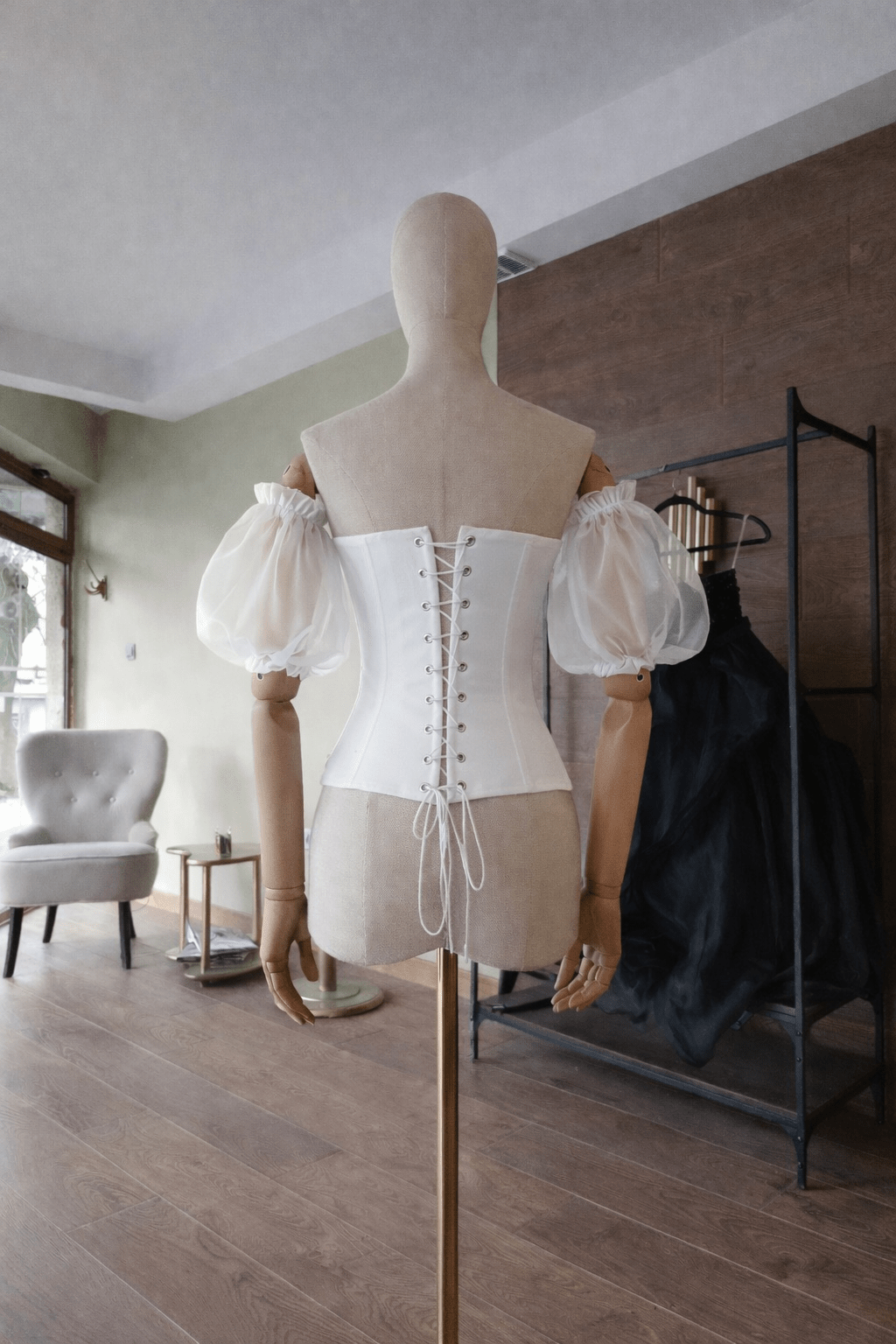 White Hourglass Corset Satin Top – Quilted Cups, Lace - Up Back Bustier, Organza Puffy Sleeves - By Asya Kolarova