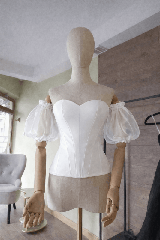 White Hourglass Corset Satin Top – Quilted Cups, Lace - Up Back Bustier, Organza Puffy Sleeves - By Asya Kolarova