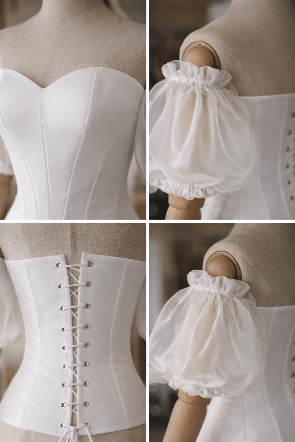 White Hourglass Corset Satin Top – Quilted Cups, Lace - Up Back Bustier, Organza Puffy Sleeves - By Asya Kolarova