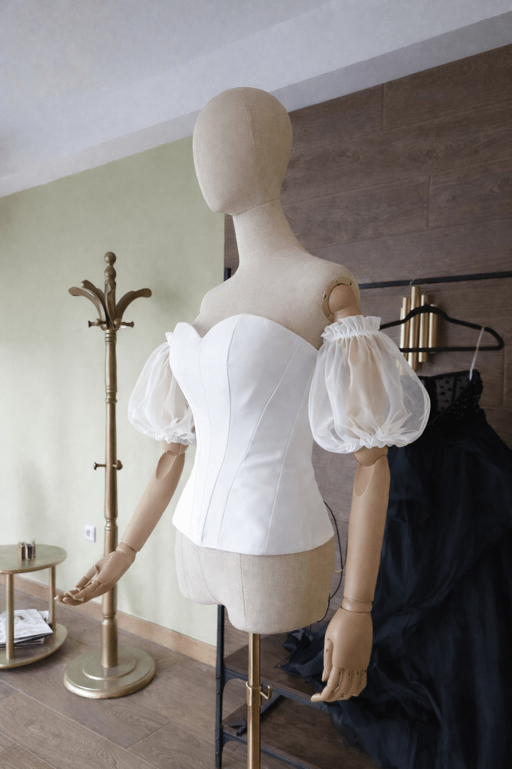 White Hourglass Corset Satin Top – Quilted Cups, Lace - Up Back Bustier, Organza Puffy Sleeves - By Asya Kolarova